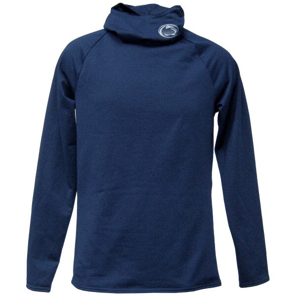 navy long sleeve hooded cold weather shirt with Penn State Athletic Logo on hood